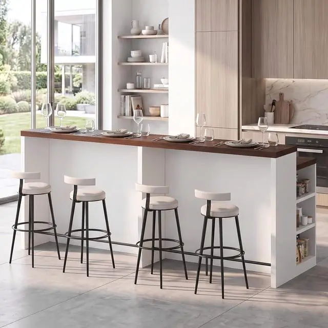 Alt view image 3 of 7 - 92.5" Stationary Kitchen Island with Storage (Walnut) | Two-Tiered Faux Marble Countertop, Flexible Track Outlet, LED Light, Cabinet with Adjustable Shelf, Open Storage Compartment