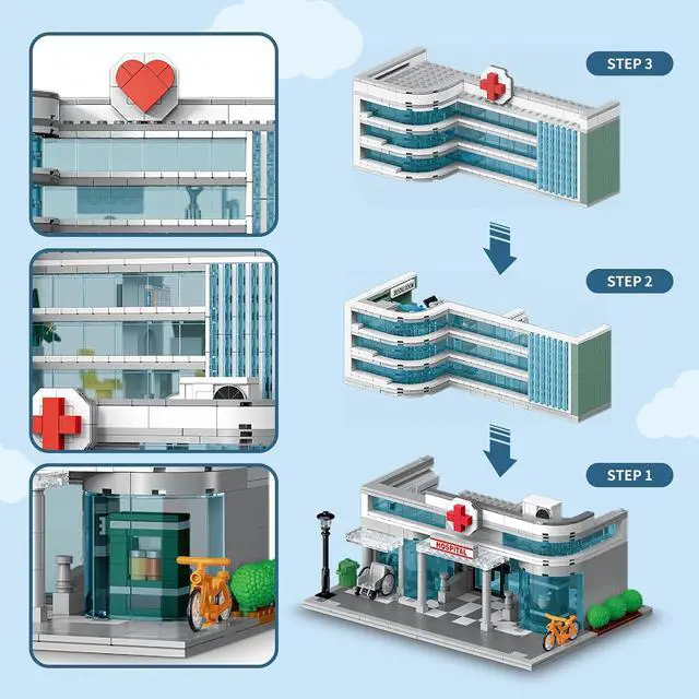 Alt view image 2 of 7 - City Hospital Building Set Compatible with Lego 1350pc LED Lighting | Modular 3-story hospital with LED lights, detachable floors, emergency room, pharmacy, dental clinic and medical accessories.