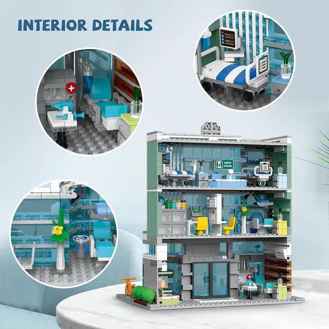 Alt view image 3 of 7 - City Hospital Building Set Compatible with Lego 1350pc LED Lighting | Modular 3-story hospital with LED lights, detachable floors, emergency room, pharmacy, dental clinic and medical accessories.
