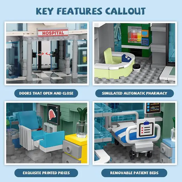 Alt view image 4 of 7 - City Hospital Building Set Compatible with Lego 1350pc LED Lighting | Modular 3-story hospital with LED lights, detachable floors, emergency room, pharmacy, dental clinic and medical accessories.