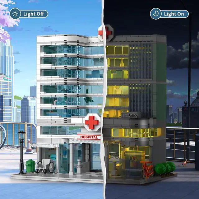 Alt view image 5 of 7 - City Hospital Building Set Compatible with Lego 1350pc LED Lighting | Modular 3-story hospital with LED lights, detachable floors, emergency room, pharmacy, dental clinic and medical accessories.