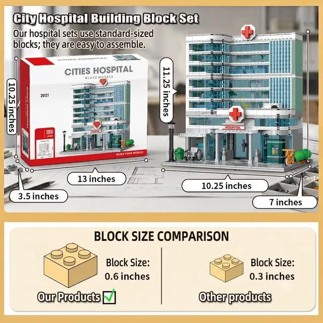 Alt view image 7 of 7 - City Hospital Building Set Compatible with Lego 1350pc LED Lighting | Modular 3-story hospital with LED lights, detachable floors, emergency room, pharmacy, dental clinic and medical accessories.