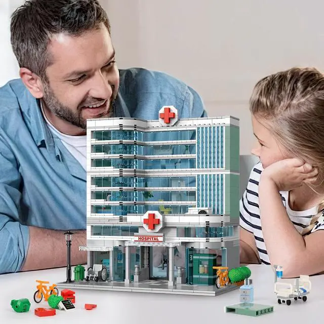 Alt view image 6 of 7 - City Hospital Building Set Compatible with Lego 1350pc LED Lighting | Modular 3-story hospital with LED lights, detachable floors, emergency room, pharmacy, dental clinic and medical accessories.
