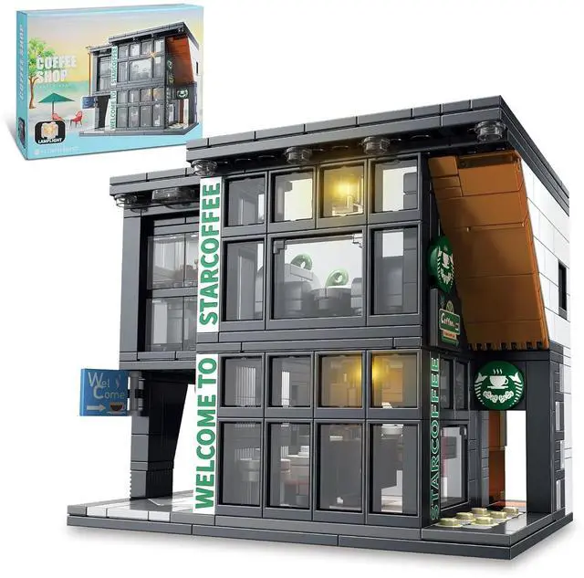 Main image of City Coffee House Architecture Building Set with Light, 581 Pieces | Modern 2-story cafe with coffee bar, seating area, lounge, terrace and hidden roof light for a warm street-view display.