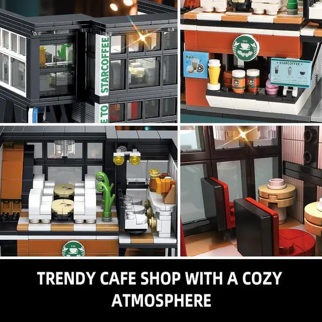 Alt view image 4 of 6 - City Coffee House Architecture Building Set with Light, 581 Pieces | Modern 2-story cafe with coffee bar, seating area, lounge, terrace and hidden roof light for a warm street-view display.