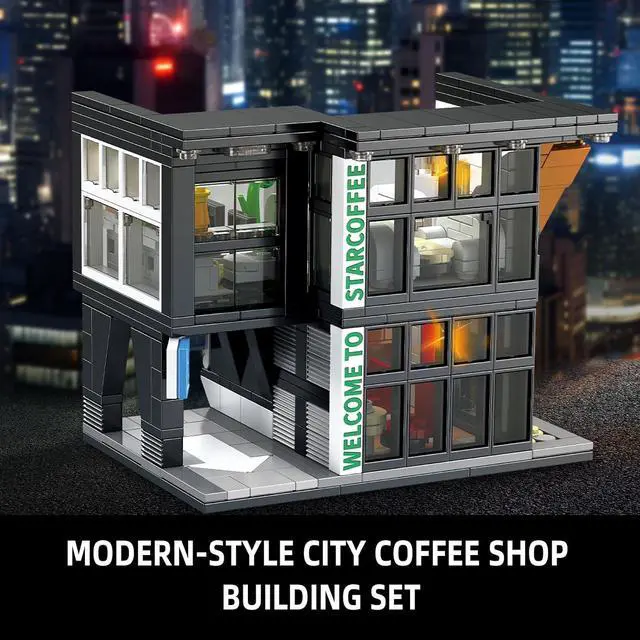 Alt view image 3 of 6 - City Coffee House Architecture Building Set with Light, 581 Pieces | Modern 2-story cafe with coffee bar, seating area, lounge, terrace and hidden roof light for a warm street-view display.