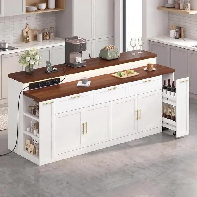 Alt view image 6 of 7 - 92.5" Stationary Kitchen Island with Storage (Walnut) | Two-Tiered Faux Marble Countertop, Flexible Track Outlet, LED Light, Cabinet with Adjustable Shelf, Open Storage Compartment
