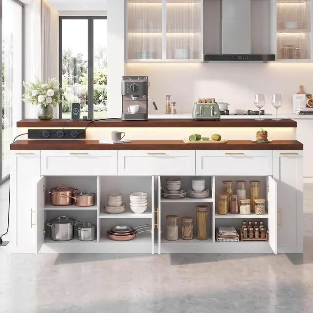 Alt view image 7 of 7 - 92.5" Stationary Kitchen Island with Storage (Walnut) | Two-Tiered Faux Marble Countertop, Flexible Track Outlet, LED Light, Cabinet with Adjustable Shelf, Open Storage Compartment