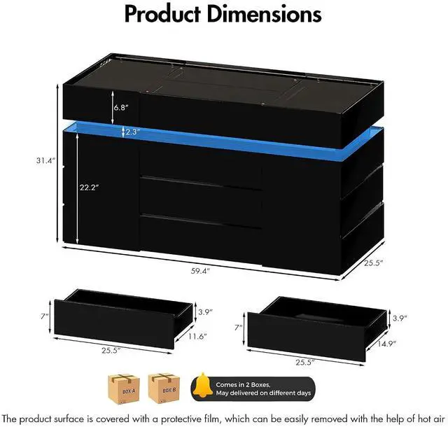 Alt view image 2 of 7 - Luxury Glossy Closet Island with 16 Drawers, Modern Glass Top Wardrobe Armoire Island, LED Walk-in Closet Island for for Dressing Room Cloakroom (Black)