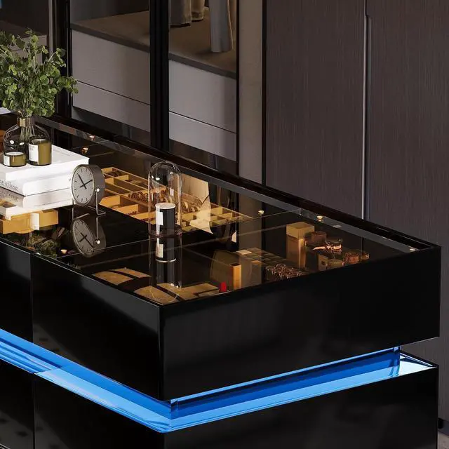 Alt view image 4 of 7 - Luxury Glossy Closet Island with 16 Drawers, Modern Glass Top Wardrobe Armoire Island, LED Walk-in Closet Island for for Dressing Room Cloakroom (Black)