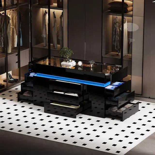 Alt view image 5 of 7 - Luxury Glossy Closet Island with 16 Drawers, Modern Glass Top Wardrobe Armoire Island, LED Walk-in Closet Island for for Dressing Room Cloakroom (Black)