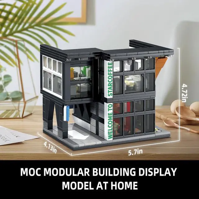 Alt view image 6 of 6 - City Coffee House Architecture Building Set with Light, 581 Pieces | Modern 2-story cafe with coffee bar, seating area, lounge, terrace and hidden roof light for a warm street-view display.