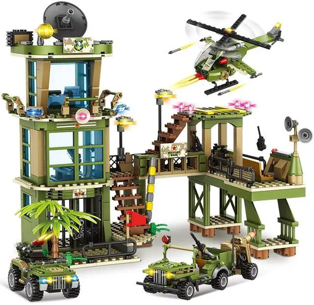 Main image of City War Military Base Army Toys, Compatible with Military Base, Army Toy with War Helicopter, Marine Artillery Vehicle, Police Car, Gift for Kid 6 7 8 9 10 11 12 Years Old (870 Pieces)