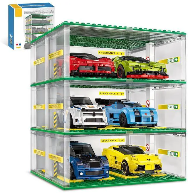 Main image of Cars Garage Building Set Compatible with Lego Display 130pc 3-Story | Adjustable 3-story garage fits 8-stud cars, with movable doors, removable roof and rearrangeable floors. Cars not included.