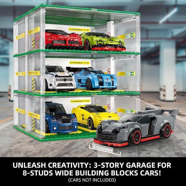 Alt view image 3 of 6 - Cars Garage Building Set Compatible with Lego Display 130pc 3-Story | Adjustable 3-story garage fits 8-stud cars, with movable doors, removable roof and rearrangeable floors. Cars not included.