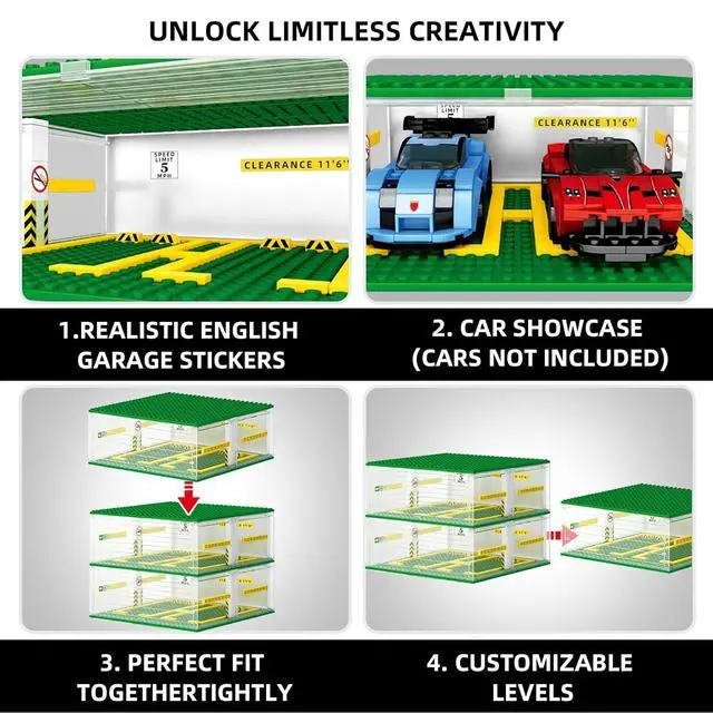 Alt view image 4 of 6 - Cars Garage Building Set Compatible with Lego Display 130pc 3-Story | Adjustable 3-story garage fits 8-stud cars, with movable doors, removable roof and rearrangeable floors. Cars not included.
