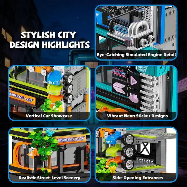 Alt view image 2 of 6 - City Parking Tower Building Set Compatible with Lego 1144pc | Vertical modular garage fits 6-stud cars and 1:64 die-cast models, holds 20+ vehicles and saves valuable display space.