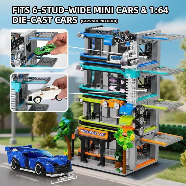 Alt view image 3 of 6 - City Parking Tower Building Set Compatible with Lego 1144pc | Vertical modular garage fits 6-stud cars and 1:64 die-cast models, holds 20+ vehicles and saves valuable display space.