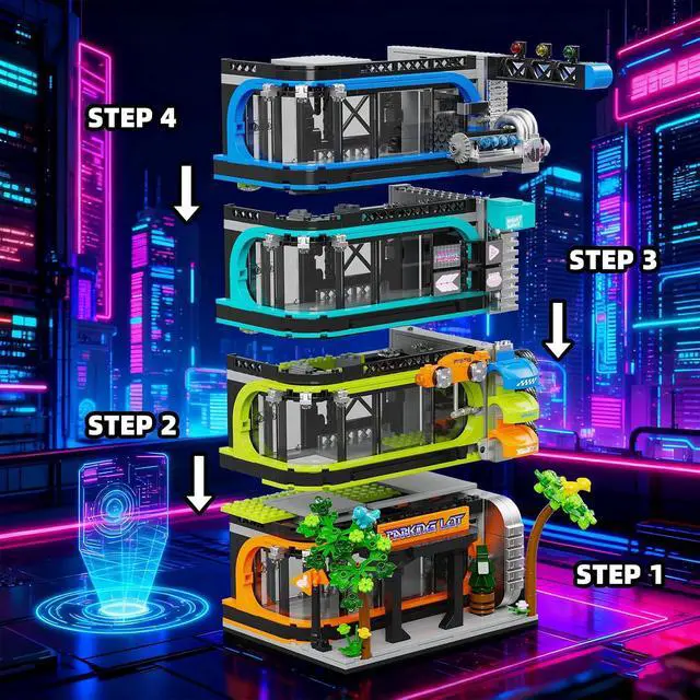Alt view image 4 of 6 - City Parking Tower Building Set Compatible with Lego 1144pc | Vertical modular garage fits 6-stud cars and 1:64 die-cast models, holds 20+ vehicles and saves valuable display space.