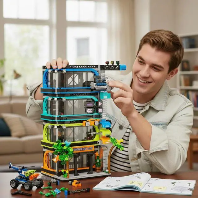 Alt view image 5 of 6 - City Parking Tower Building Set Compatible with Lego 1144pc | Vertical modular garage fits 6-stud cars and 1:64 die-cast models, holds 20+ vehicles and saves valuable display space.