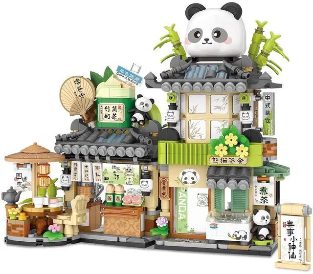 Main image of Street View Tea Shop Mini Building Blocks, MOC Creative Building Toys Cute Panda Animals Building Set for Girls 6-12, Simulation Architecture Construction Toy, Gift Idea for Kids Adults (860PCS)