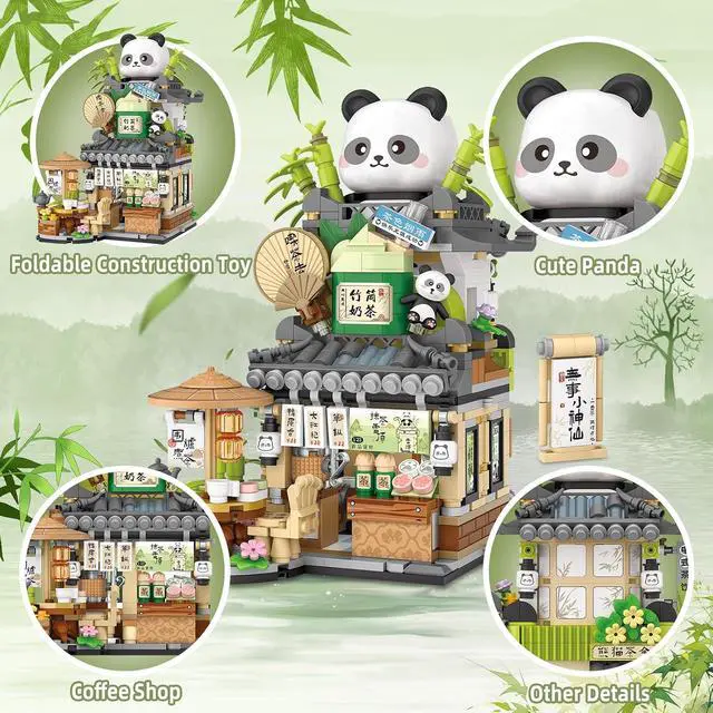 Alt view image 2 of 6 - Street View Tea Shop Mini Building Blocks, MOC Creative Building Toys Cute Panda Animals Building Set for Girls 6-12, Simulation Architecture Construction Toy, Gift Idea for Kids Adults (860PCS)