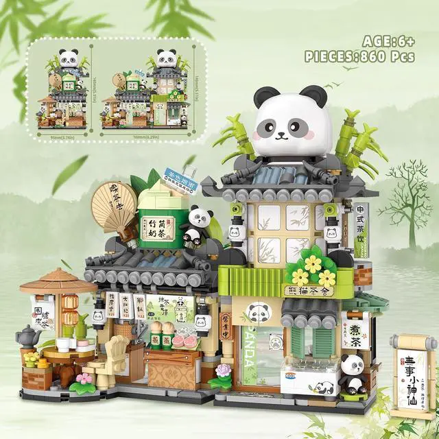 Alt view image 6 of 6 - Street View Tea Shop Mini Building Blocks, MOC Creative Building Toys Cute Panda Animals Building Set for Girls 6-12, Simulation Architecture Construction Toy, Gift Idea for Kids Adults (860PCS)