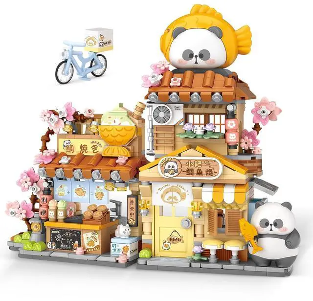 Main image of Japanese Street View Taiyaki Shop Building Kit, 858 Pcs | Taiyaki dessert cart, panda figure, street shop architecture, MOC mini brick model, ages 6-12 & adults, desk display