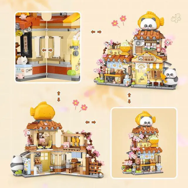 Alt view image 3 of 6 - Japanese Street View Taiyaki Shop Building Kit, 858 Pcs | Taiyaki dessert cart, panda figure, street shop architecture, MOC mini brick model, ages 6-12 & adults, desk display