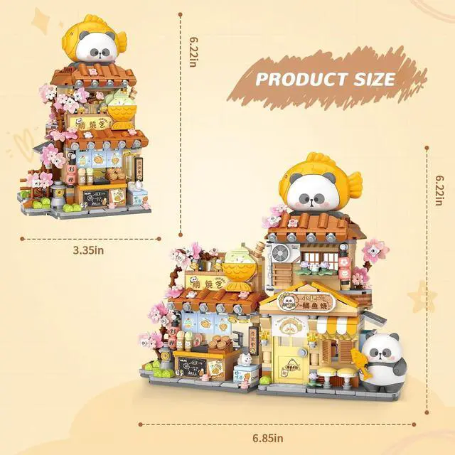 Alt view image 5 of 6 - Japanese Street View Taiyaki Shop Building Kit, 858 Pcs | Taiyaki dessert cart, panda figure, street shop architecture, MOC mini brick model, ages 6-12 & adults, desk display