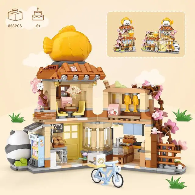 Alt view image 6 of 6 - Japanese Street View Taiyaki Shop Building Kit, 858 Pcs | Taiyaki dessert cart, panda figure, street shop architecture, MOC mini brick model, ages 6-12 & adults, desk display