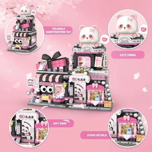 Alt view image 2 of 6 - Street View Panda Gift Shop MOC Set, 938 Pcs Mini Blocks | cute panda animals, simulation architecture, creative DIY toy, for girls boys 6-12 and adults, desk display gift