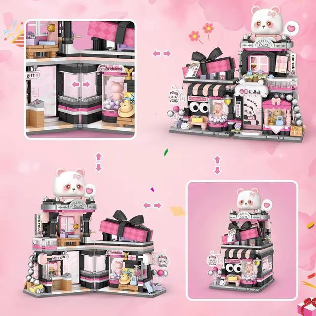 Alt view image 3 of 6 - Street View Panda Gift Shop MOC Set, 938 Pcs Mini Blocks | cute panda animals, simulation architecture, creative DIY toy, for girls boys 6-12 and adults, desk display gift