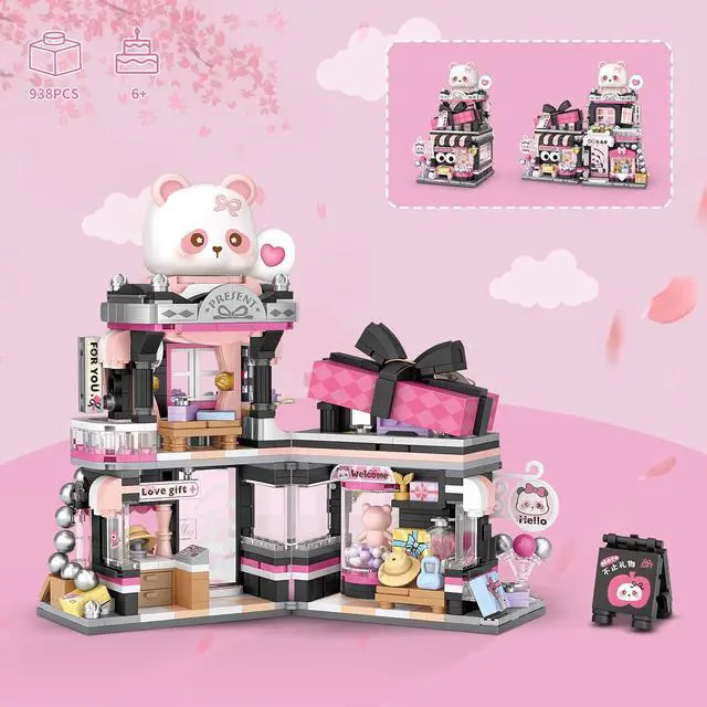 Alt view image 6 of 6 - Street View Panda Gift Shop MOC Set, 938 Pcs Mini Blocks | cute panda animals, simulation architecture, creative DIY toy, for girls boys 6-12 and adults, desk display gift
