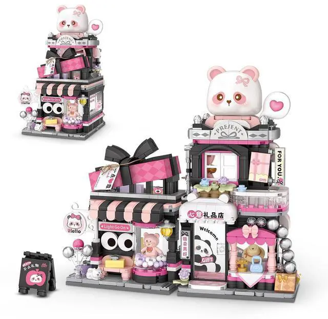 Main image of Street View Panda Gift Shop MOC Set, 938 Pcs Mini Blocks | cute panda animals, simulation architecture, creative DIY toy, for girls boys 6-12 and adults, desk display gift