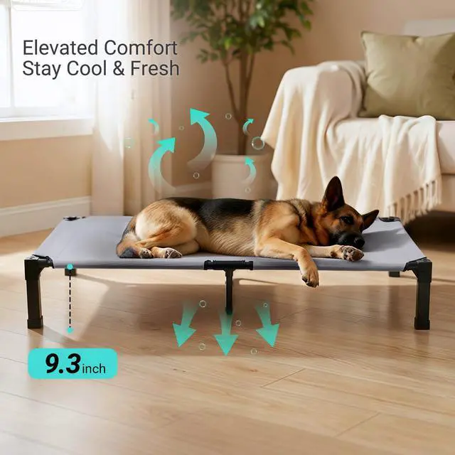 Alt view image 5 of 7 - Elevated Outdoor Dog Bed, Raised Dog Bed with Steel Framed 60in | Cooling Elevated Pet Cot with Non-Slip Feet, and Waterproof, Washable, Breathable Teslin Mesh
