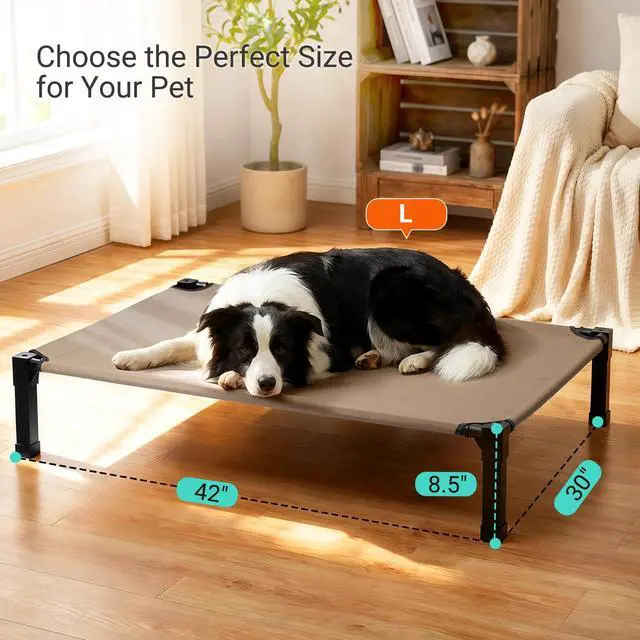 Alt view image 3 of 7 - Elevated Outdoor Dog Bed, Raised Dog Bed with Steel Framed 42in | Cooling Elevated Pet Cot with Non-Slip Feet, and Waterproof, Washable, Breathable Teslin Mesh