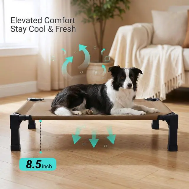 Alt view image 5 of 7 - Elevated Outdoor Dog Bed, Raised Dog Bed with Steel Framed 42in | Cooling Elevated Pet Cot with Non-Slip Feet, and Waterproof, Washable, Breathable Teslin Mesh