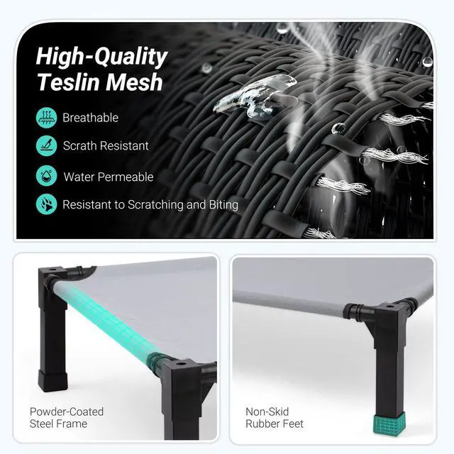 Alt view image 2 of 7 - Elevated Outdoor Dog Bed, Raised Dog Bed with Steel Framed 51in | Cooling Elevated Pet Cot with Non-Slip Feet, and Waterproof, Washable, Breathable Teslin Mesh