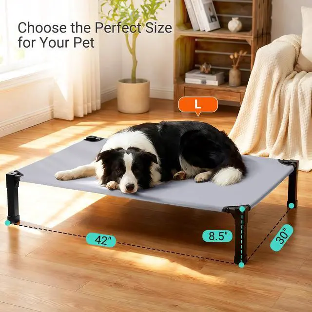 Alt view image 3 of 7 - Elevated Outdoor Dog Bed, Raised Dog Bed with Steel Framed 42in | Cooling Elevated Pet Cot with Non-Slip Feet, and Waterproof, Washable, Breathable Teslin Mesh