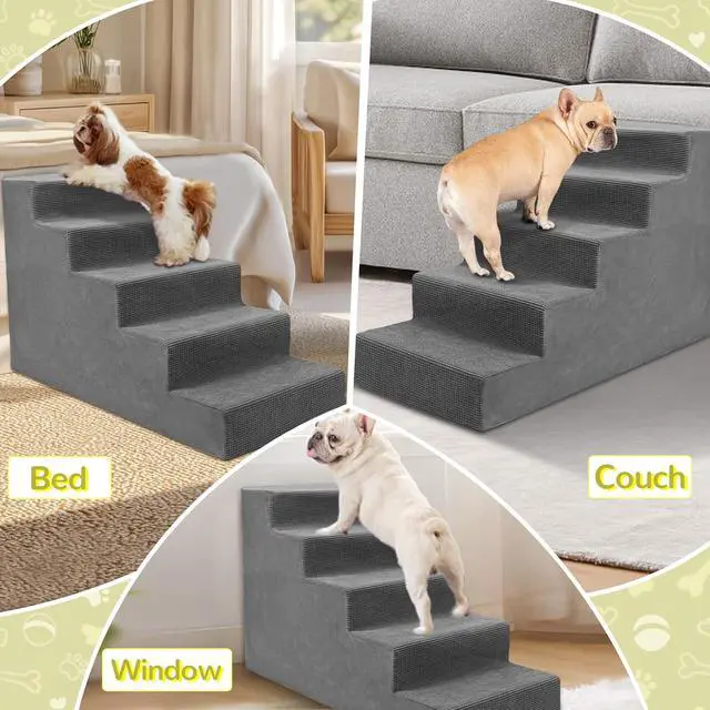 Alt view image 4 of 7 - Dog Stairs for Small Dog and Cats,23H Non-Slip Bottom Pet Steps for High Beds and Couch,Extra Wide High-Density Foam Pet Stairs Grey,5 Steps