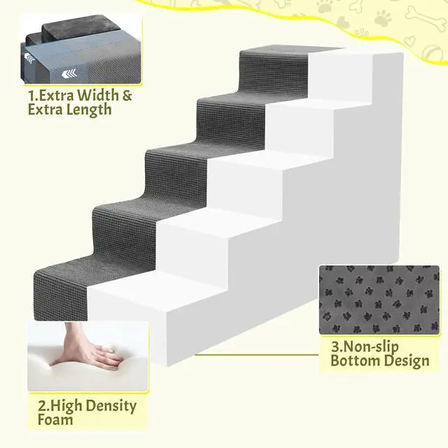 Alt view image 5 of 7 - Dog Stairs for Small Dog and Cats,23H Non-Slip Bottom Pet Steps for High Beds and Couch,Extra Wide High-Density Foam Pet Stairs Grey,5 Steps