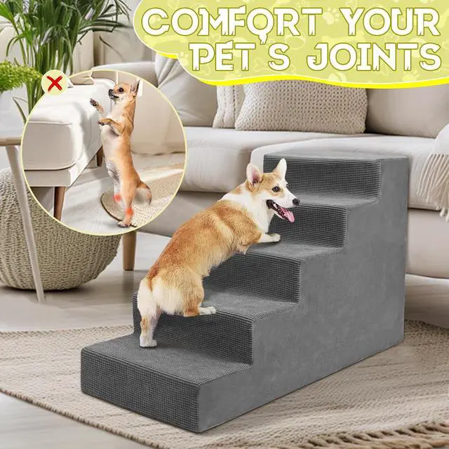 Alt view image 6 of 7 - Dog Stairs for Small Dog and Cats,23H Non-Slip Bottom Pet Steps for High Beds and Couch,Extra Wide High-Density Foam Pet Stairs Grey,5 Steps