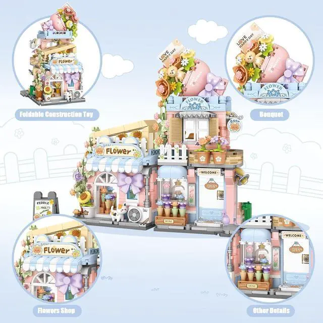 Alt view image 2 of 6 - Street View Flower House Shop Mini Building Blocks, MOC Creative Building Toys Cute Panda Building Set for Girls 6-12, Simulation Architecture Construction Toy, Gift Idea for Kids Adults (854 PCS)