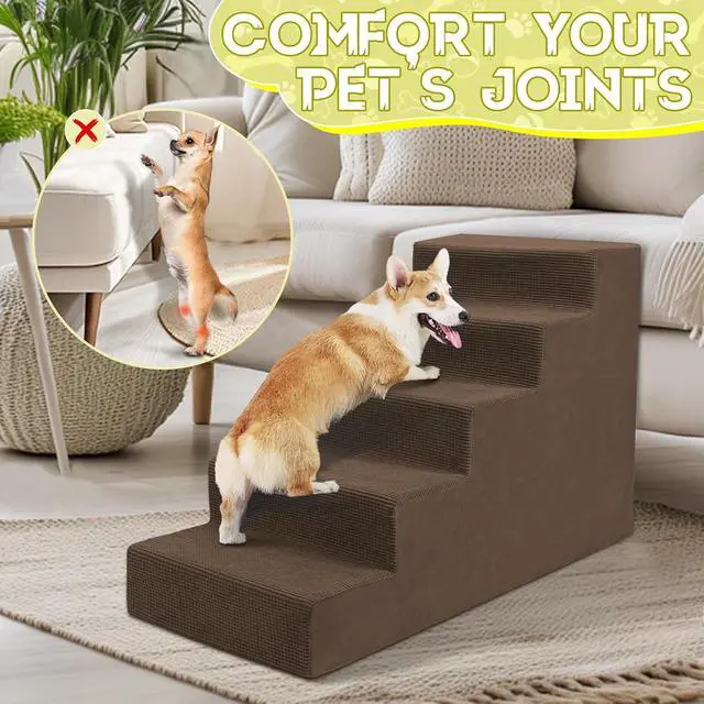 Alt view image 6 of 7 - Dog Stairs for Small Dog and Cats,23H Non-Slip Bottom Pet Steps for High Beds and Couch,High-Density Foam Pet Stairs Brown,5 Steps