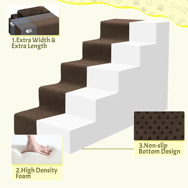 Alt view image 4 of 7 - Dog Stairs for Small Dog and Cats,23H Non-Slip Bottom Pet Steps for High Beds and Couch,High-Density Foam Pet Stairs Brown,5 Steps