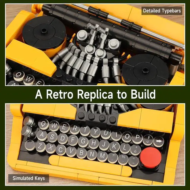 Alt view image 3 of 6 - Retro Typewriter Building Set Compatible with Lego Mini Model | Retro typewriter with platen roller, printed paper and 26 keys creates a nostalgic model for creative play and desk display.