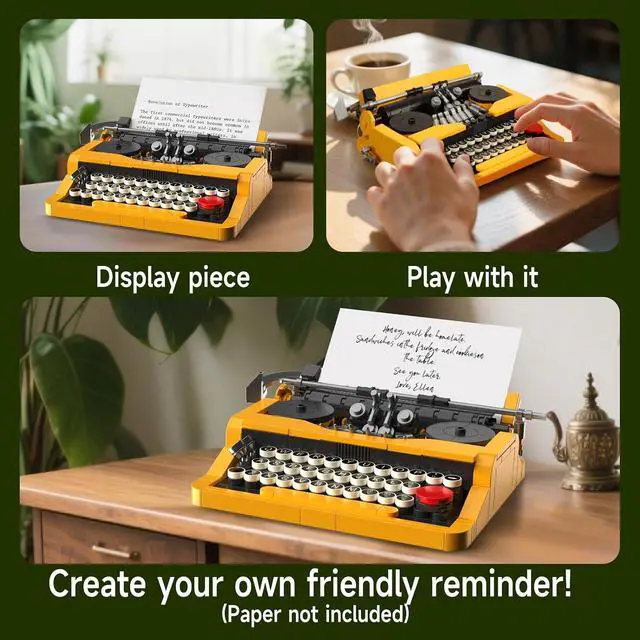 Alt view image 4 of 6 - Retro Typewriter Building Set Compatible with Lego Mini Model | Retro typewriter with platen roller, printed paper and 26 keys creates a nostalgic model for creative play and desk display.