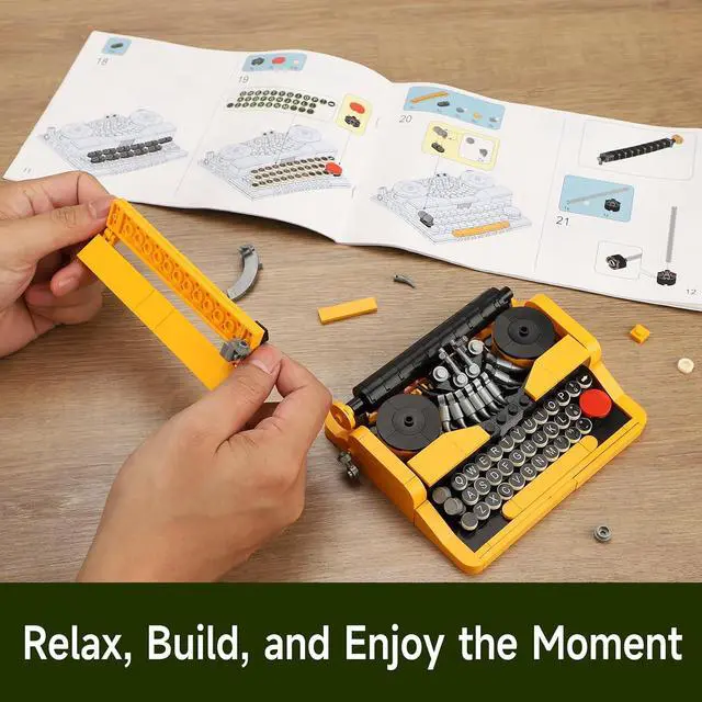 Alt view image 5 of 6 - Retro Typewriter Building Set Compatible with Lego Mini Model | Retro typewriter with platen roller, printed paper and 26 keys creates a nostalgic model for creative play and desk display.