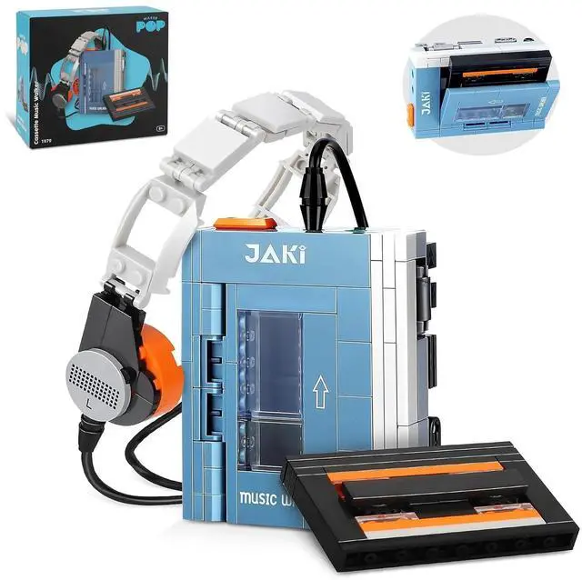 Main image of Retro Cassette Player Building Set with Headphones Display Model | Opening tape compartment, removable cassette and adjustable headphones with flexible cord create a nostalgic music display.